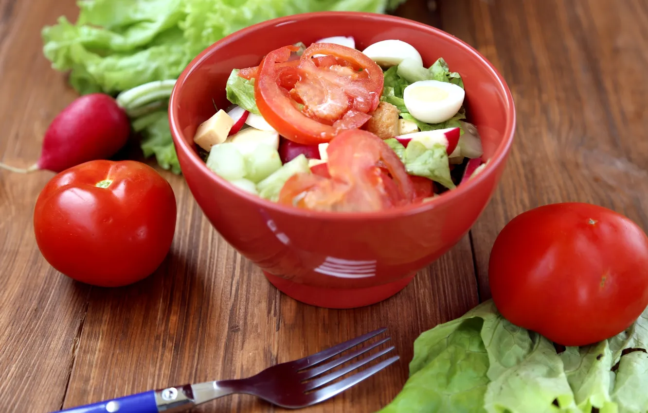 Photo wallpaper eggs, vegetables, tomatoes, salad, radishes