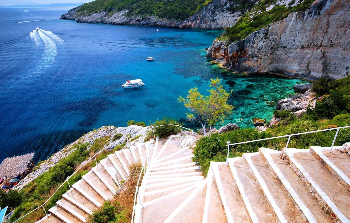 Photo wallpaper sea, coast, boats, stairs