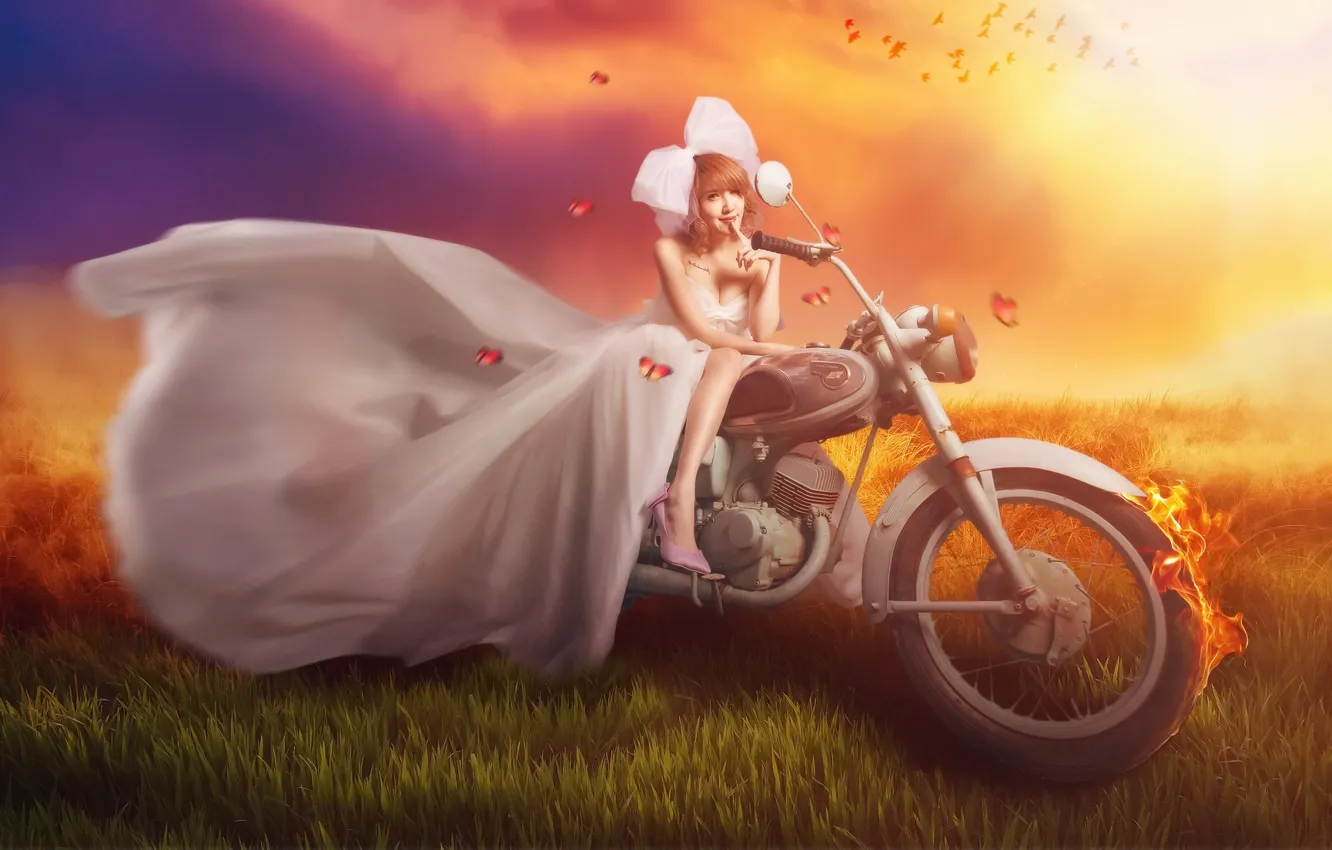 Photo wallpaper girl, motorcycle, Asian