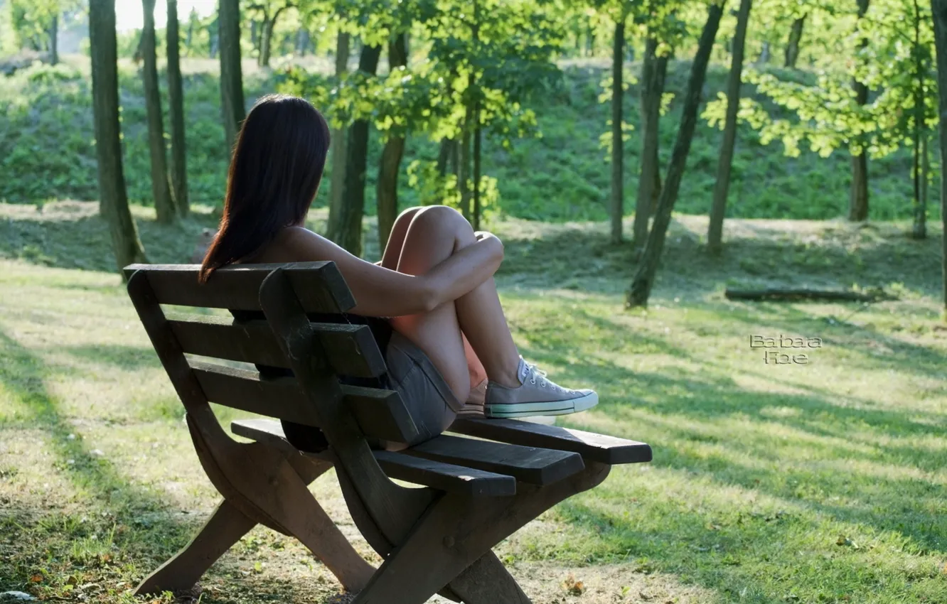 Photo wallpaper forest, girl, feet, back, shop, sitting