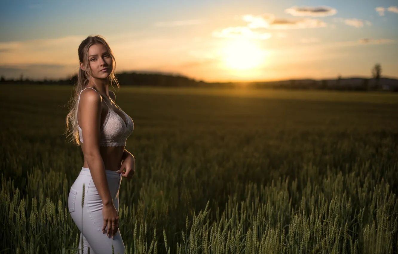 Photo wallpaper field, chest, girl, sunset, nature, pose, jeans