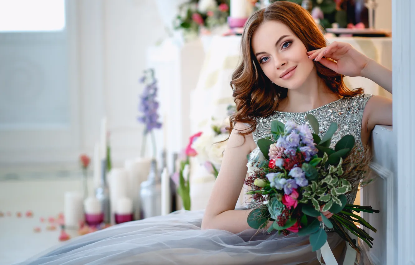 Photo wallpaper girl, bouquet, dress, brown hair