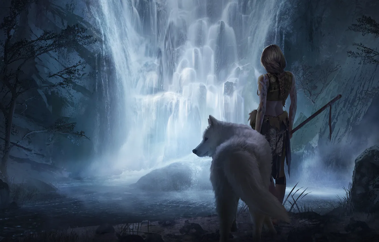 Photo wallpaper girl, fiction, animal, waterfall, art, white wolf