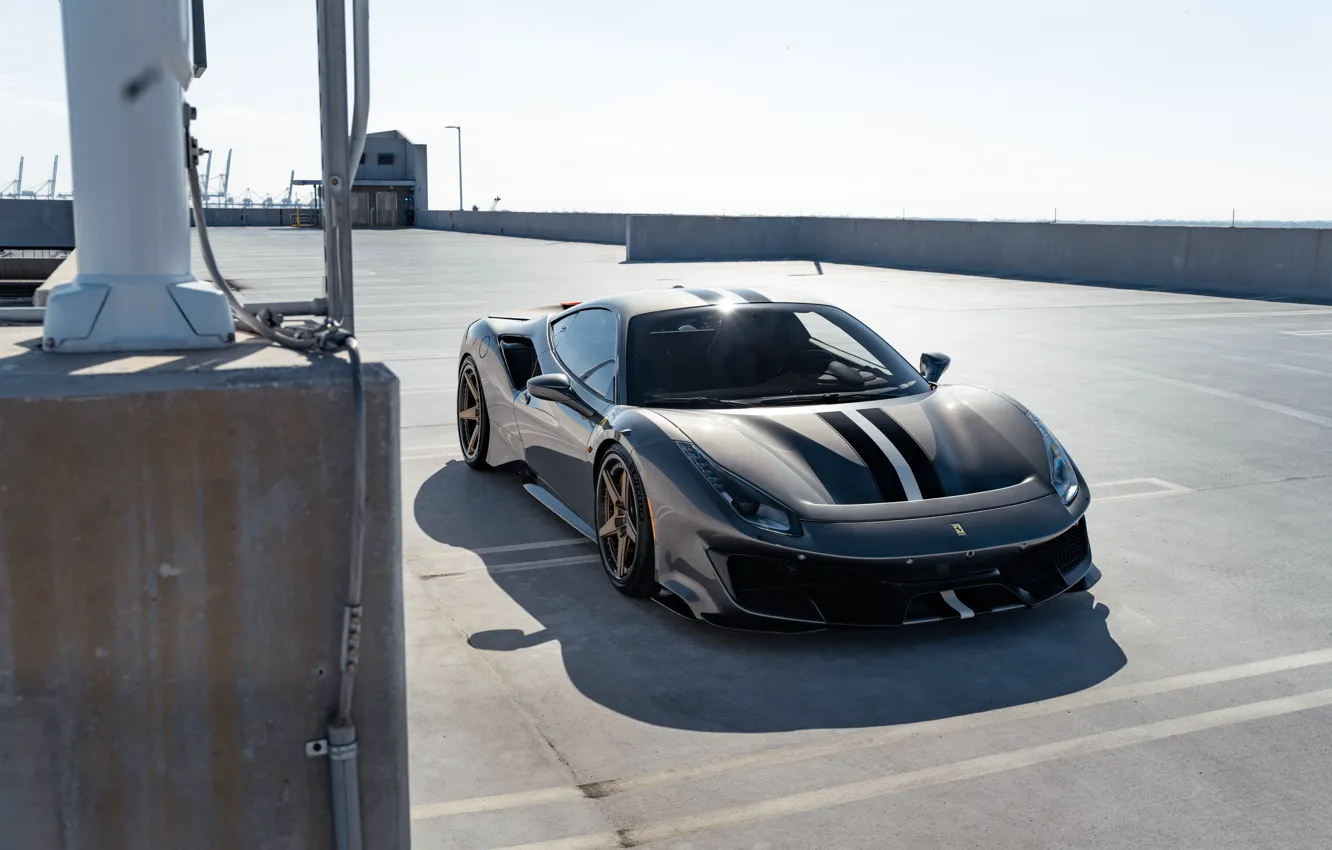 Photo wallpaper Ferrari, Front, grey, parking, Supercar, Ferrari 488, 488 Pista