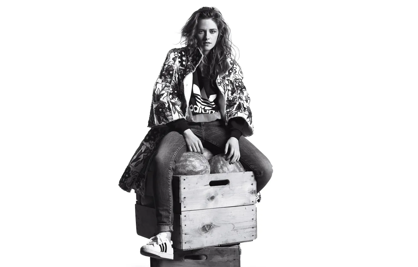 Photo wallpaper jeans, makeup, jacket, hairstyle, white background, black and white, boxes, Kristen Stewart