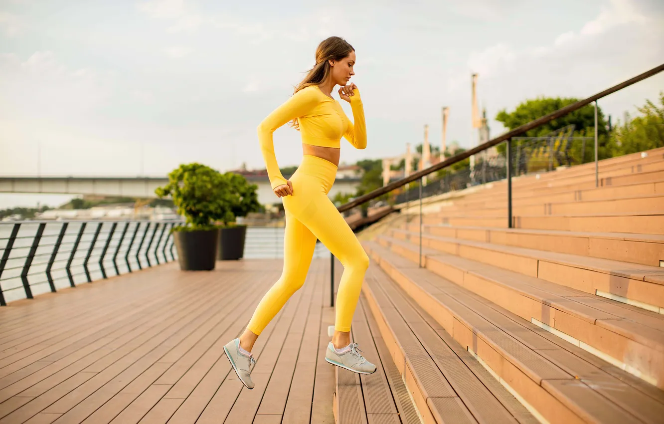 Photo wallpaper gym, leggings, tights, woman fitness, Buttock, activewear, woman exercises, yellow leggings