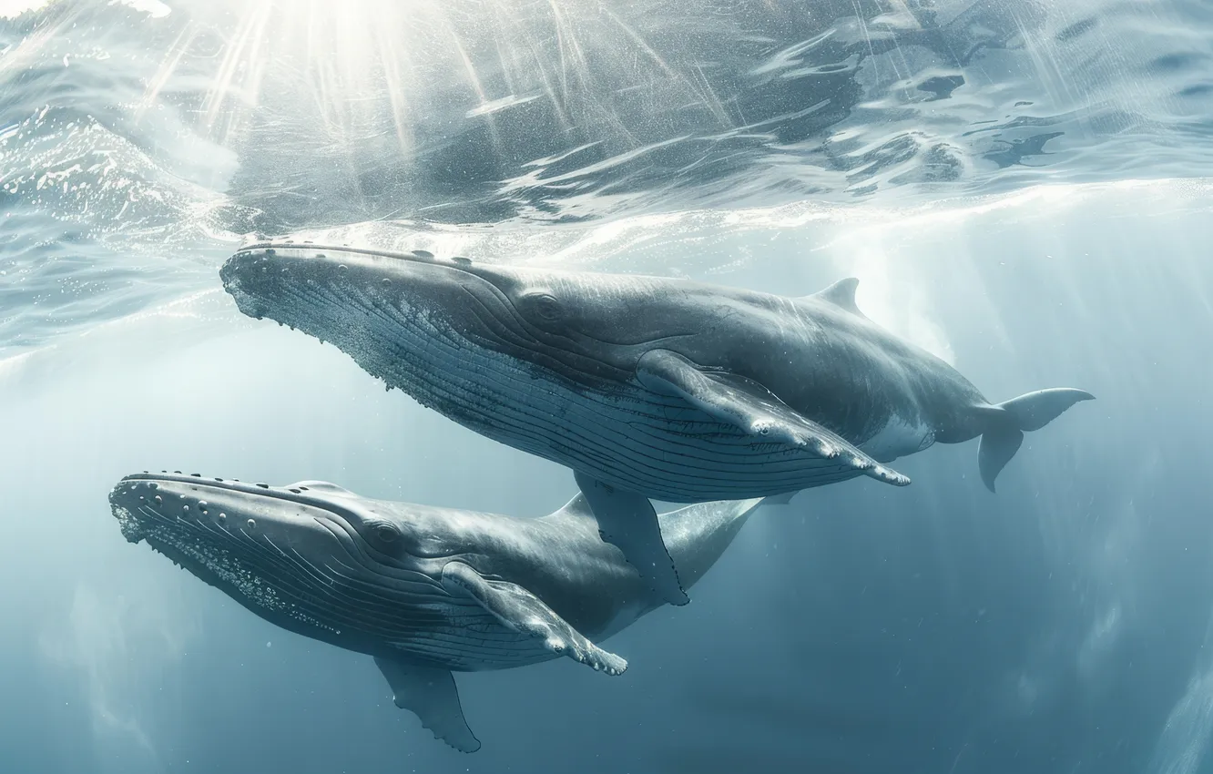 Photo wallpaper Whales, Two, Underwater world, The Rays Of The Sun, Digital art, AI art, The Art …