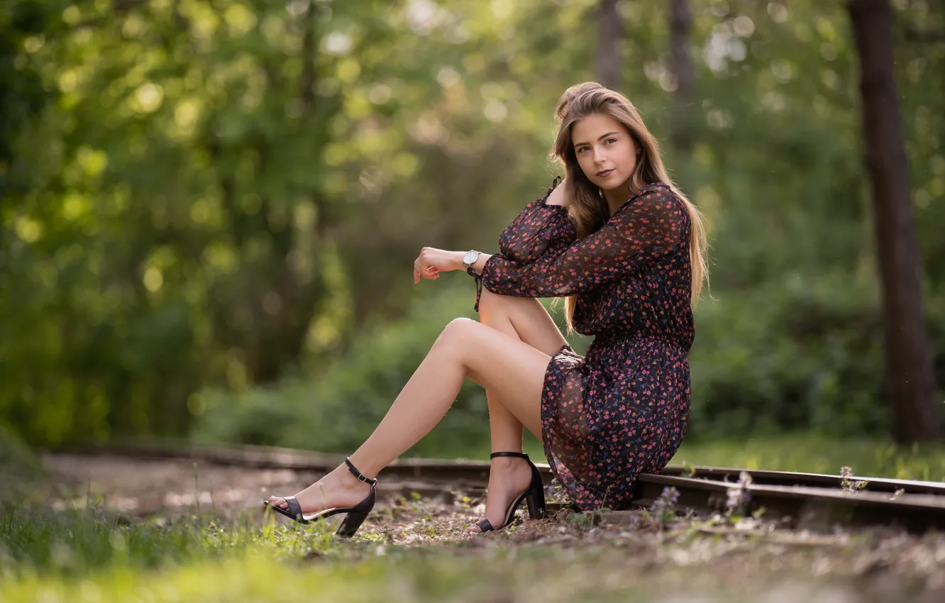 Photo wallpaper look, girl, nature, pose, rails, dress, legs, bokeh