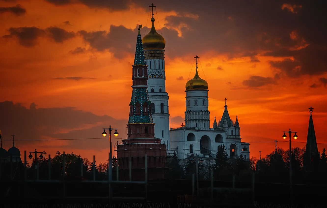 Photo wallpaper sunset, the city, tower, the evening, lights, Moscow, temple, The Kremlin