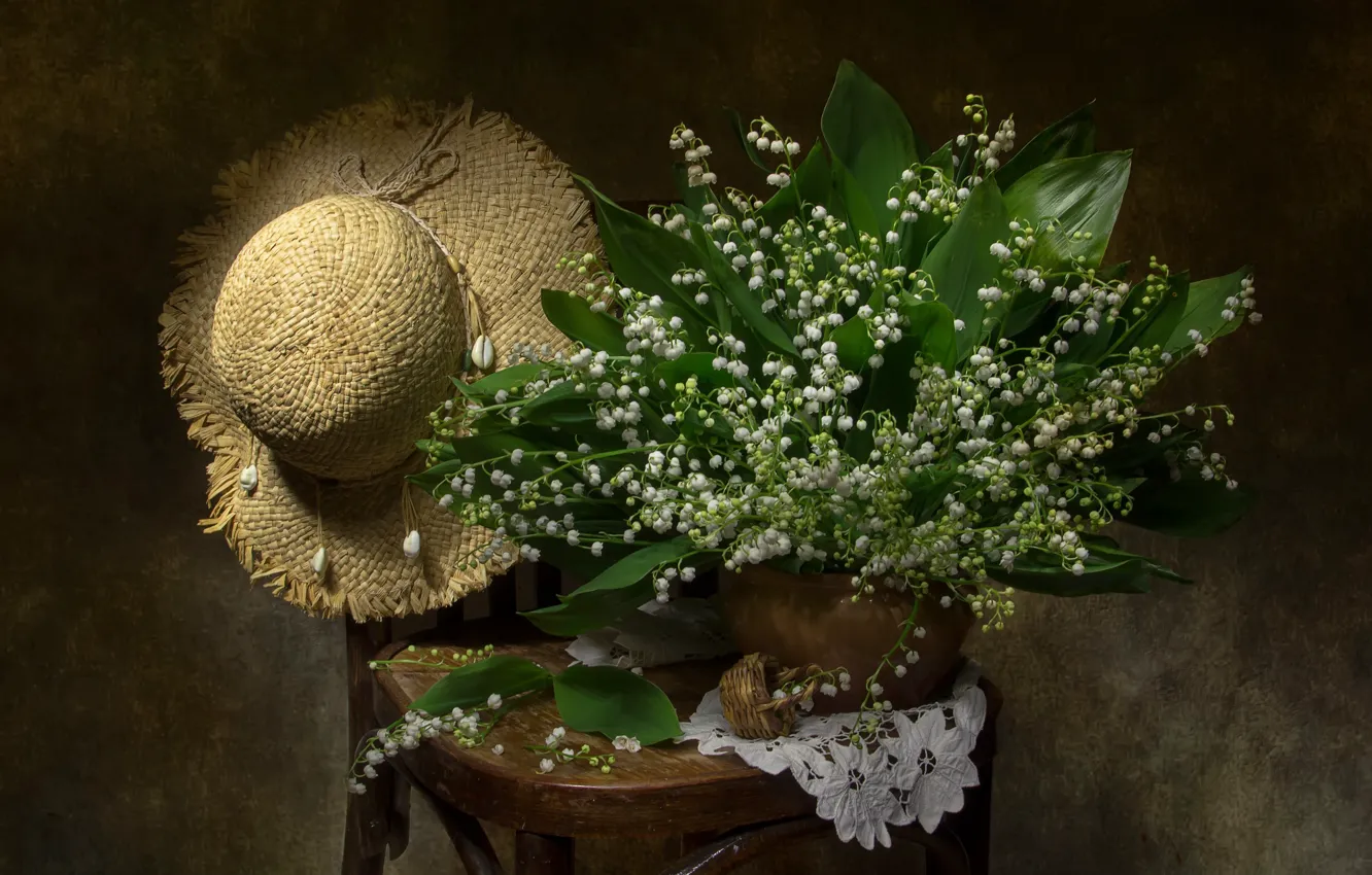 Photo wallpaper flowers, bouquet, spring, hat, chair, pot, white, still life