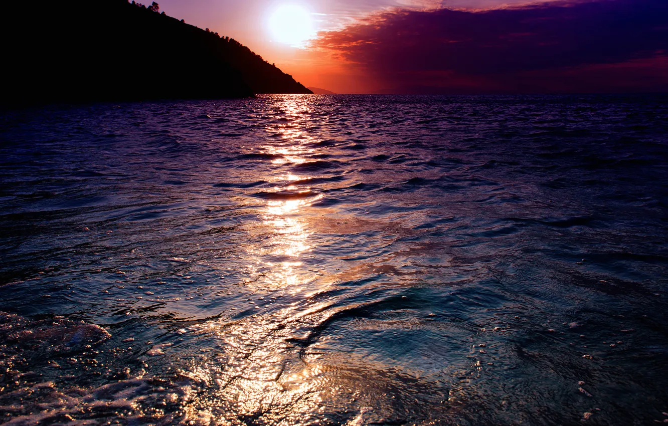 Photo wallpaper sea, the sky, the sun, clouds, sunset, mountains
