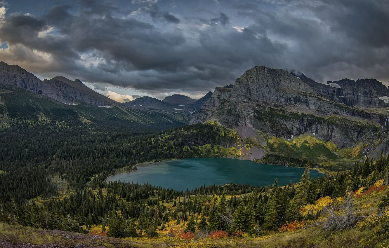 Photo wallpaper the sky, trees, mountains, clouds, lake