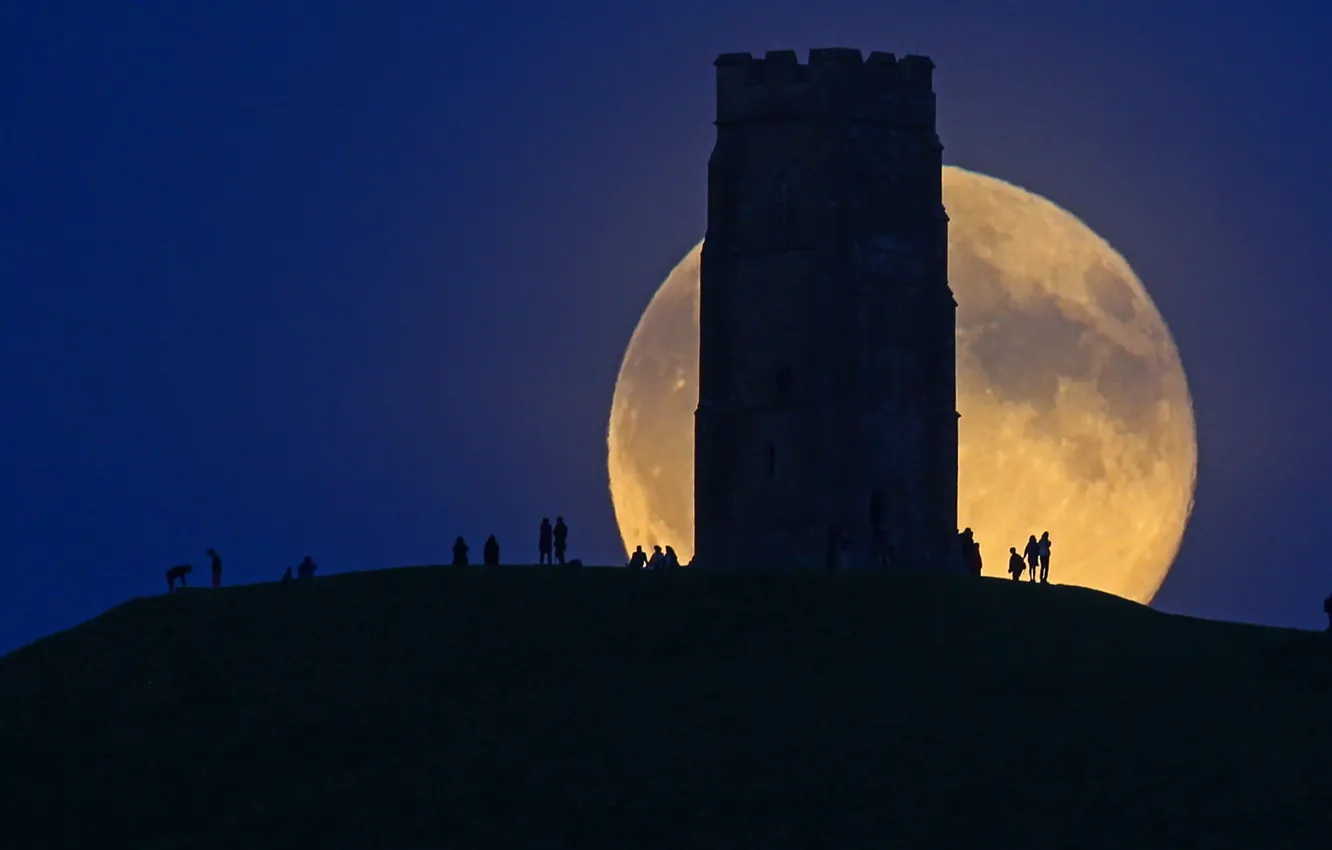 Photo wallpaper night, the moon, England, tower, silhouette, Somerset, Glastonbury Tor, Hill St. Michael