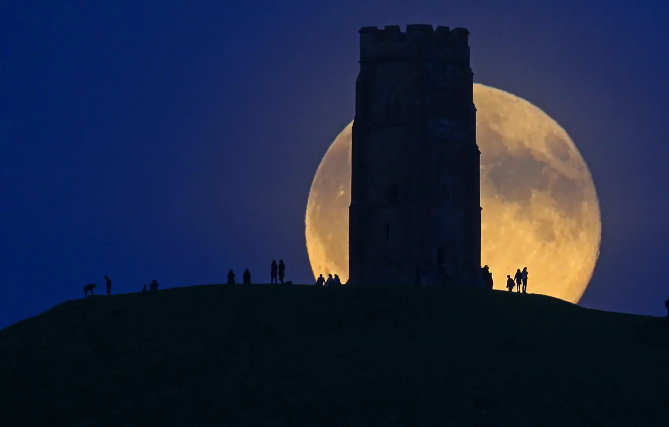 Photo wallpaper night, England, tower, The moon, silhouette, Somerset, Glastonbury Tor, Hill St. Michael