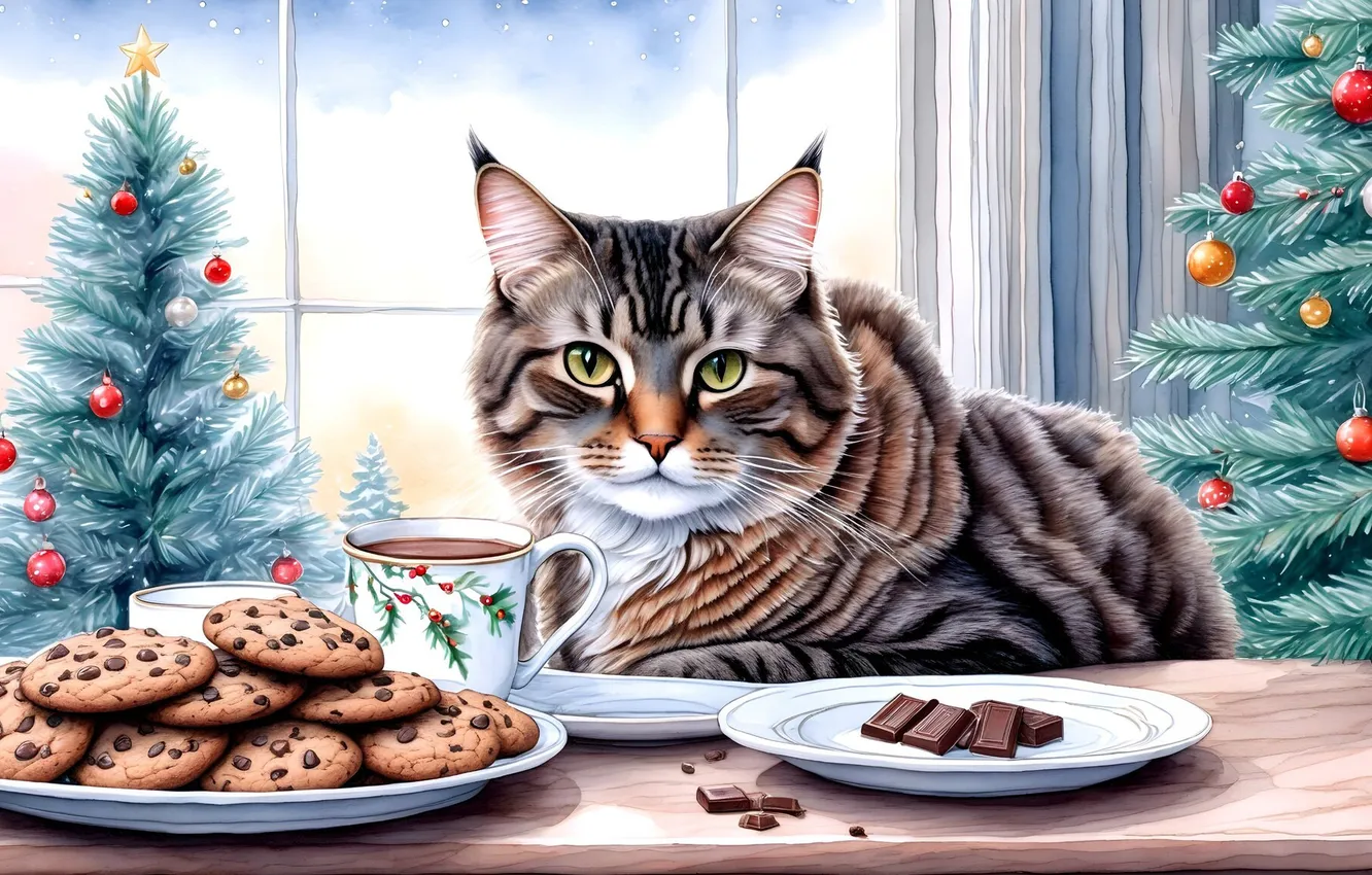 Photo wallpaper cat, cat, new year, chocolate, cookies, Christmas