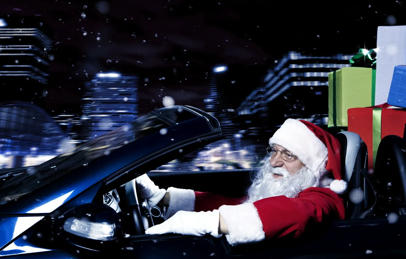 Photo wallpaper machine, new year, gifts, black background, Santa Claus, traveling by car