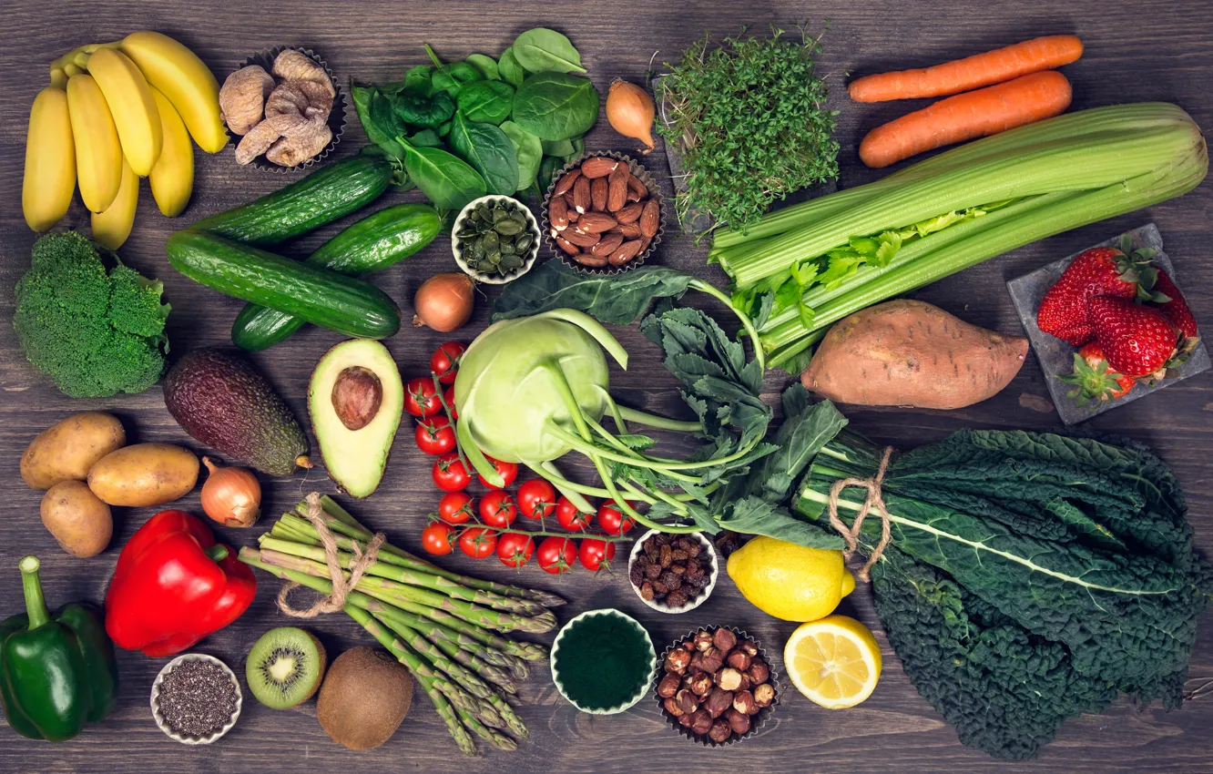 Photo wallpaper berries, lemon, kiwi, bow, strawberry, bananas, pepper, fruit