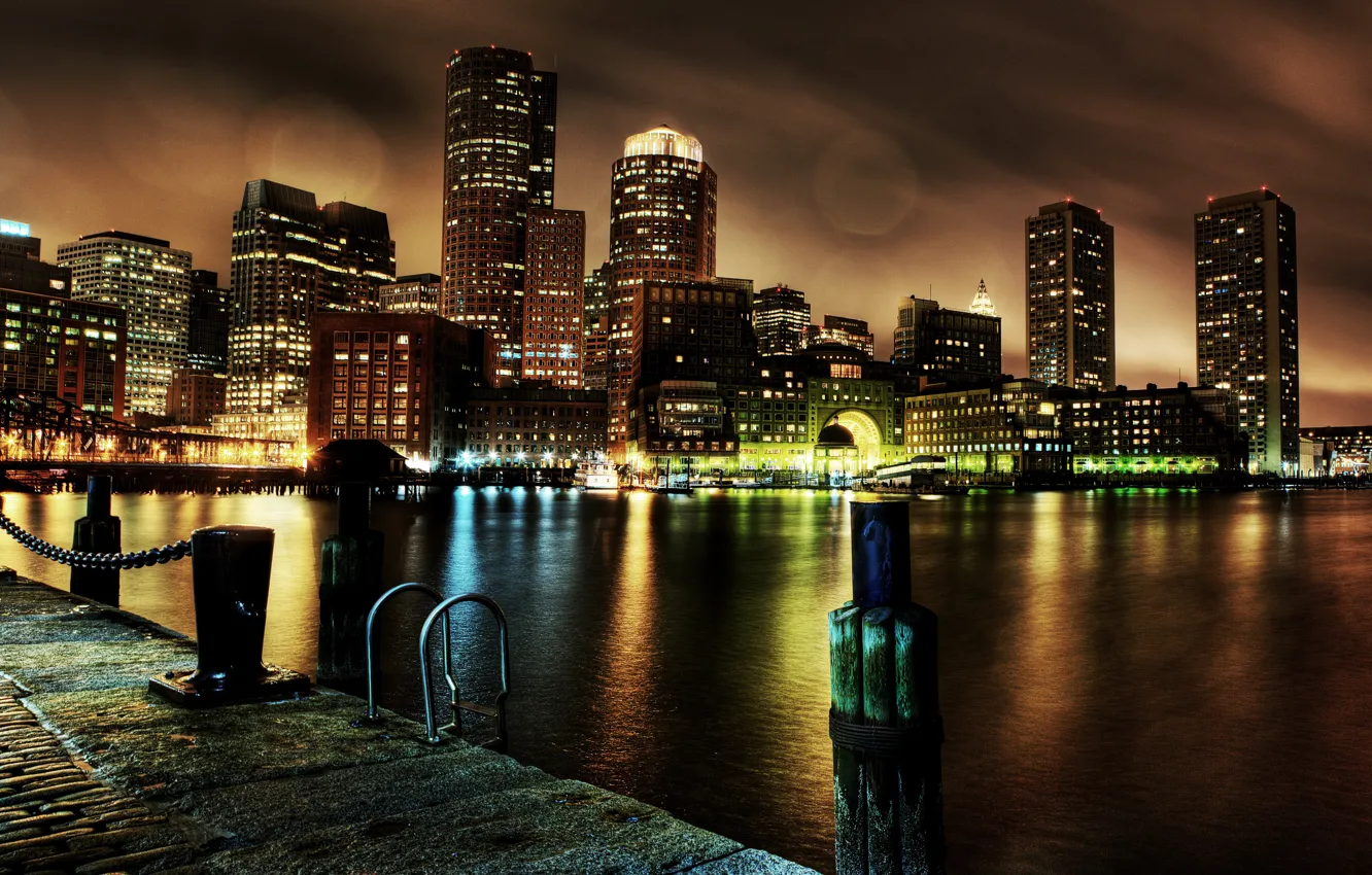 Photo wallpaper night, lights, river, home, pier, USA, promenade, Boston