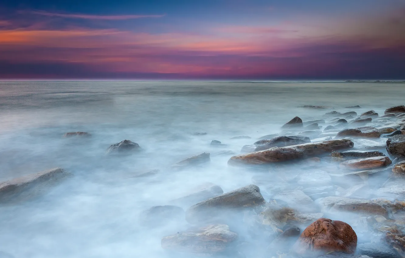 Photo wallpaper sea, water, sunset, stones, excerpt