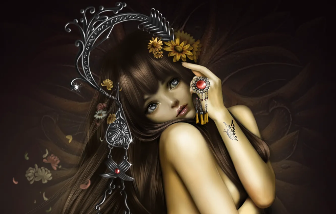 Photo wallpaper girl, decoration, flowers, butterfly, tattoo, art, nana hang