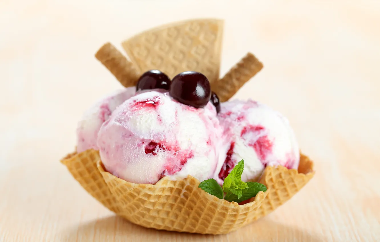 Photo wallpaper cookies, ice cream, cherry, mint, cherry, cookies, ice cream, mint