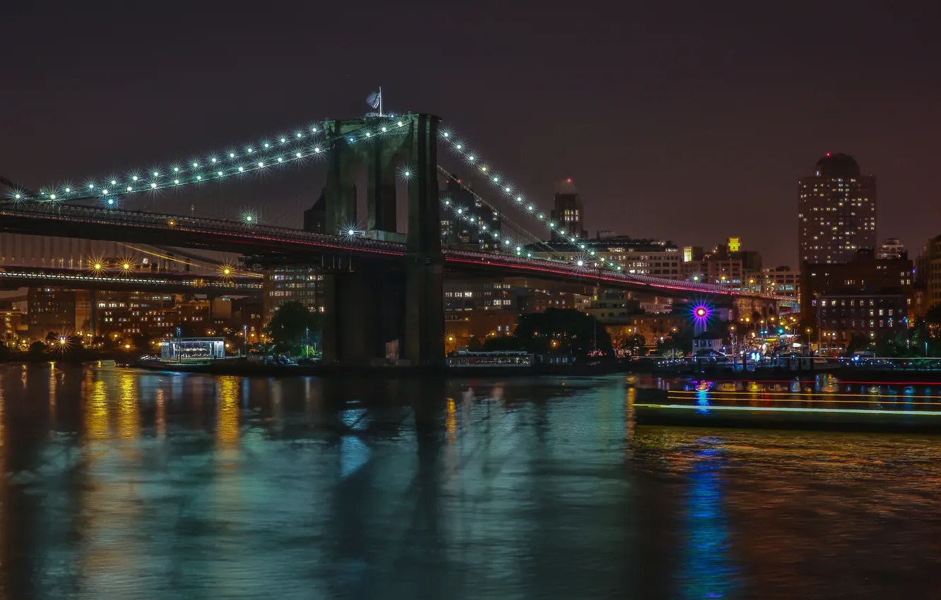 Photo wallpaper night, bridge, lights, home, New York, USA