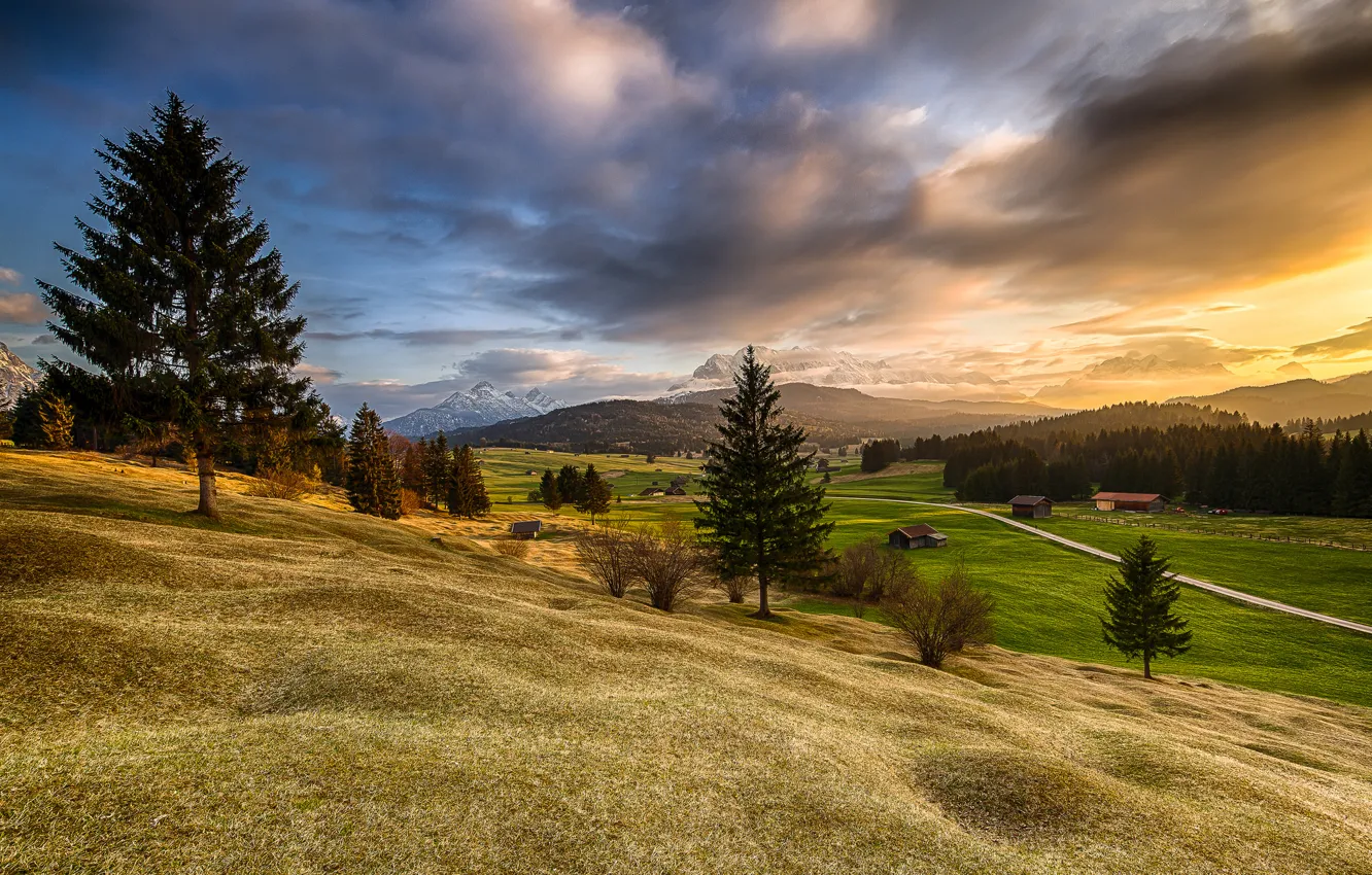 Photo wallpaper forest, mountains, hills, field, home, Bayern