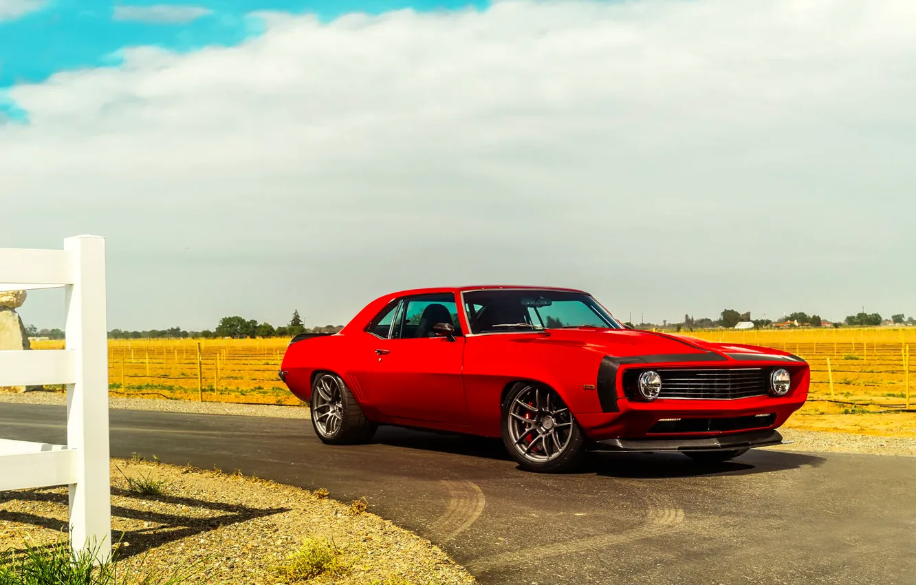 Photo wallpaper Chevrolet, Muscle, 1969, Camaro, Red, Car, Front, Touring