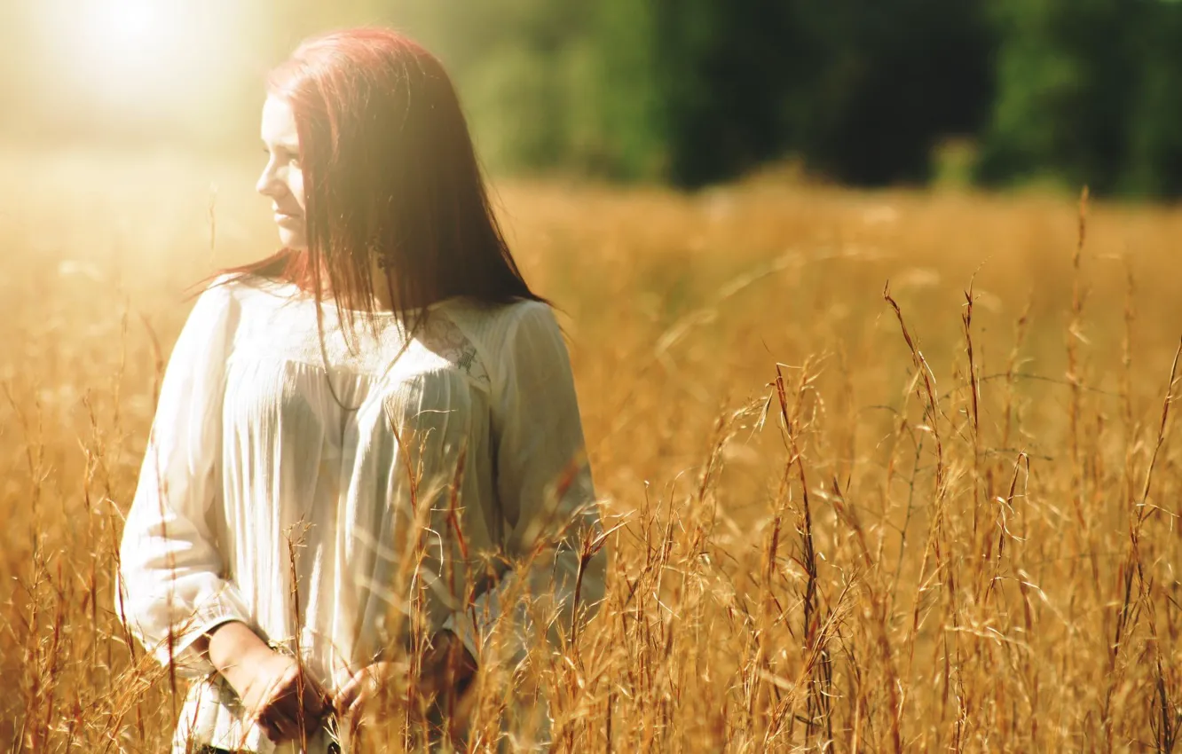 Photo wallpaper field, grass, girl, light