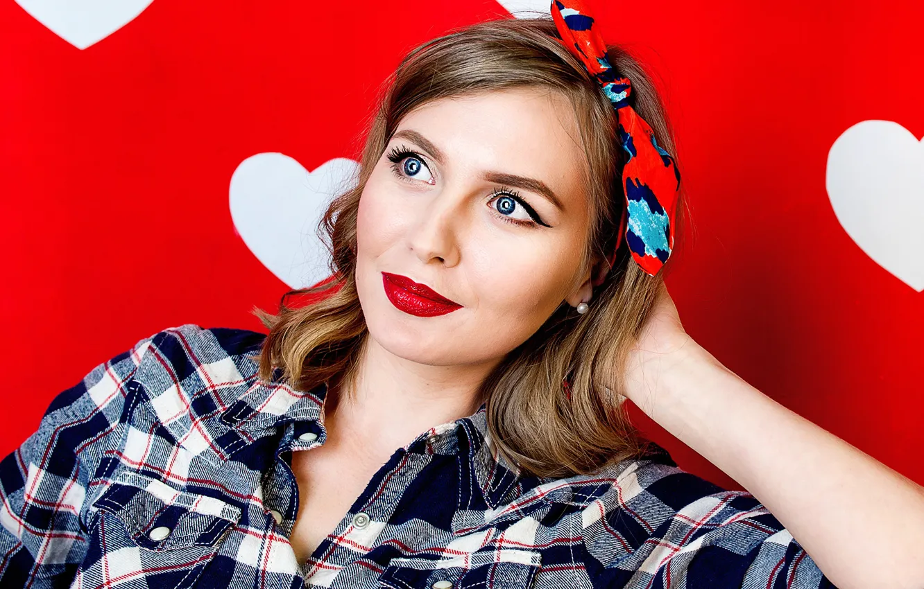 Photo wallpaper girl, reverie, red, pose, background, portrait, heart, makeup