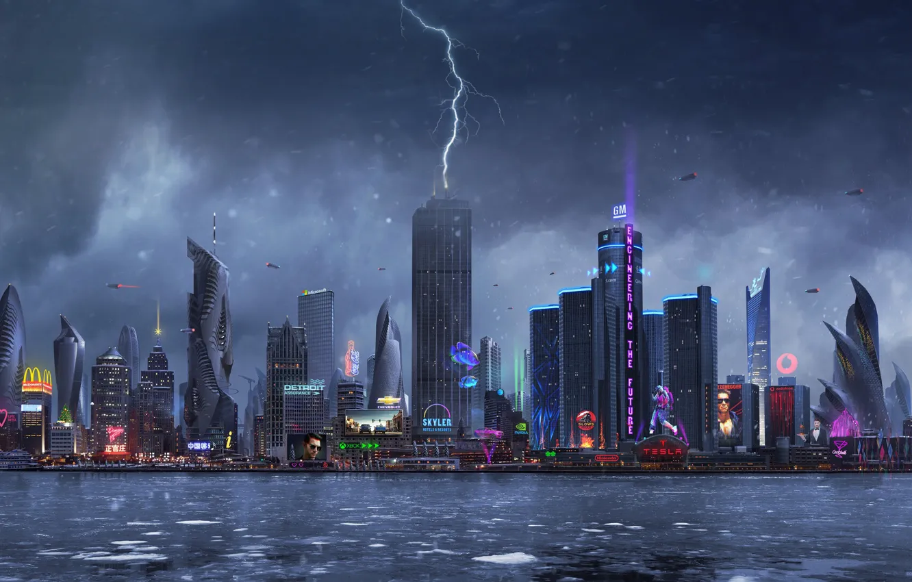 Photo wallpaper city, the city, fiction, rain, lightning, building, skyscrapers, neon