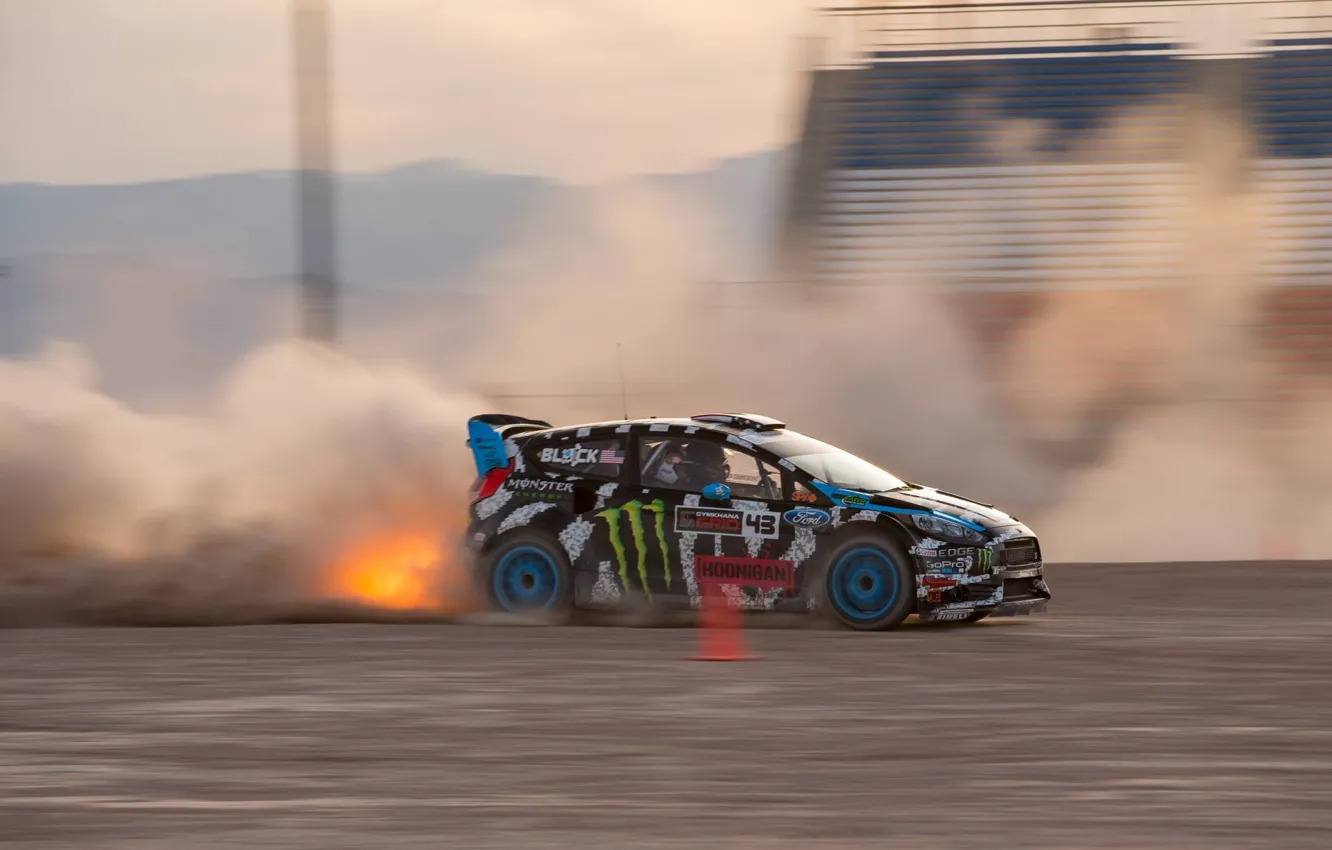 Photo wallpaper fire, dust, ford, ken block, slip, fiesta, rx43