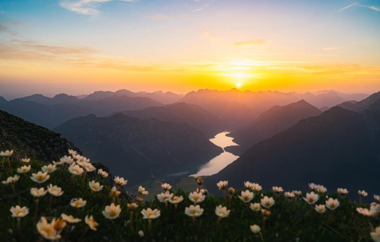 Photo wallpaper the sky, the sun, clouds, light, flowers, mountains, fog, river