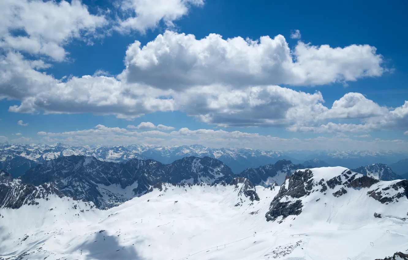 Photo wallpaper winter, the sky, clouds, light, snow, mountains, blue, rocks