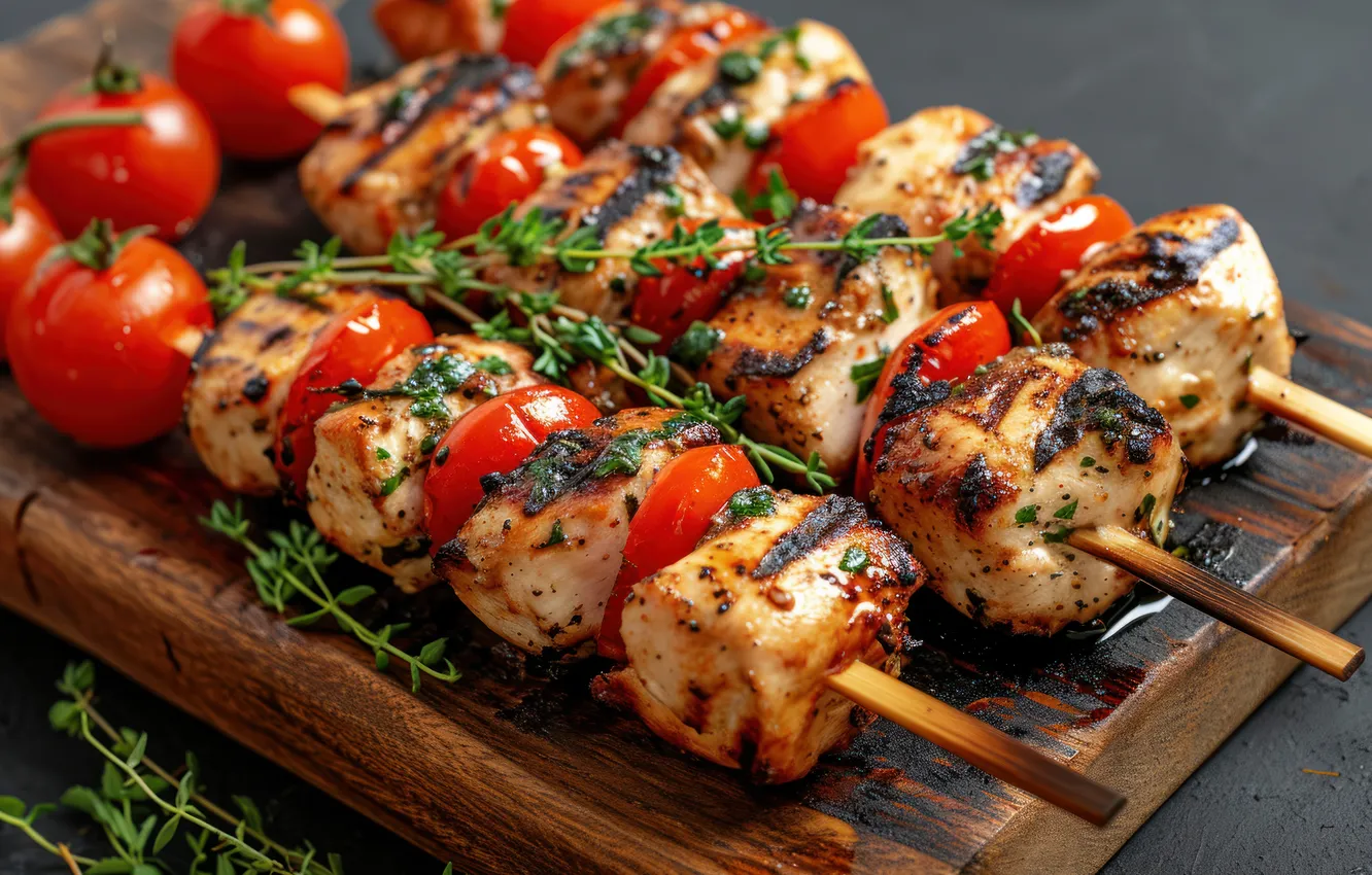 Photo wallpaper greens, meat, vegetables, tomatoes, kebab, skewers, spices, piece