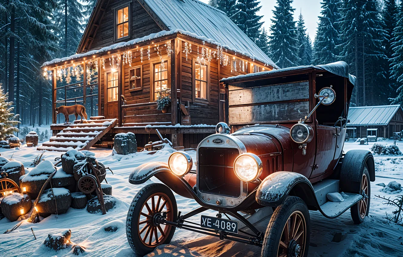 Photo wallpaper winter, frost, machine, forest, light, snow, lights, house