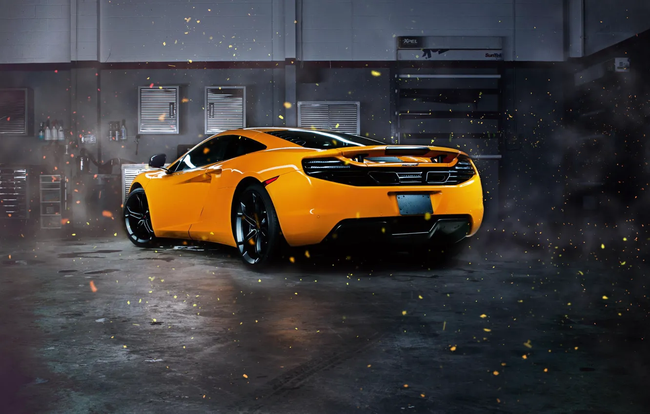 Photo wallpaper McLaren, Orange, MP4-12C, Supercar, Garage, Rear, Sparks