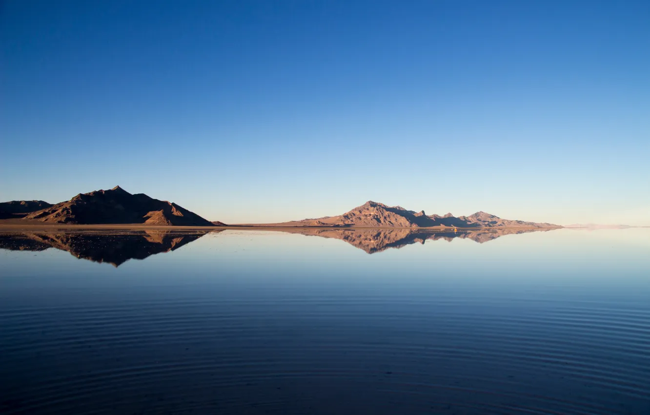 Photo wallpaper sea, mountains, reflection, shore