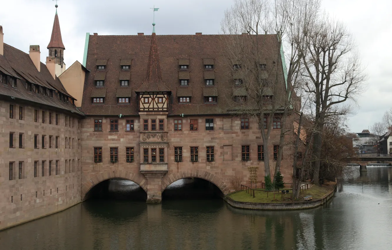 Photo wallpaper bridge, river, Germany, Bayern, arch, Nuremberg, Pegnitz, the hospital of the Holy spirit