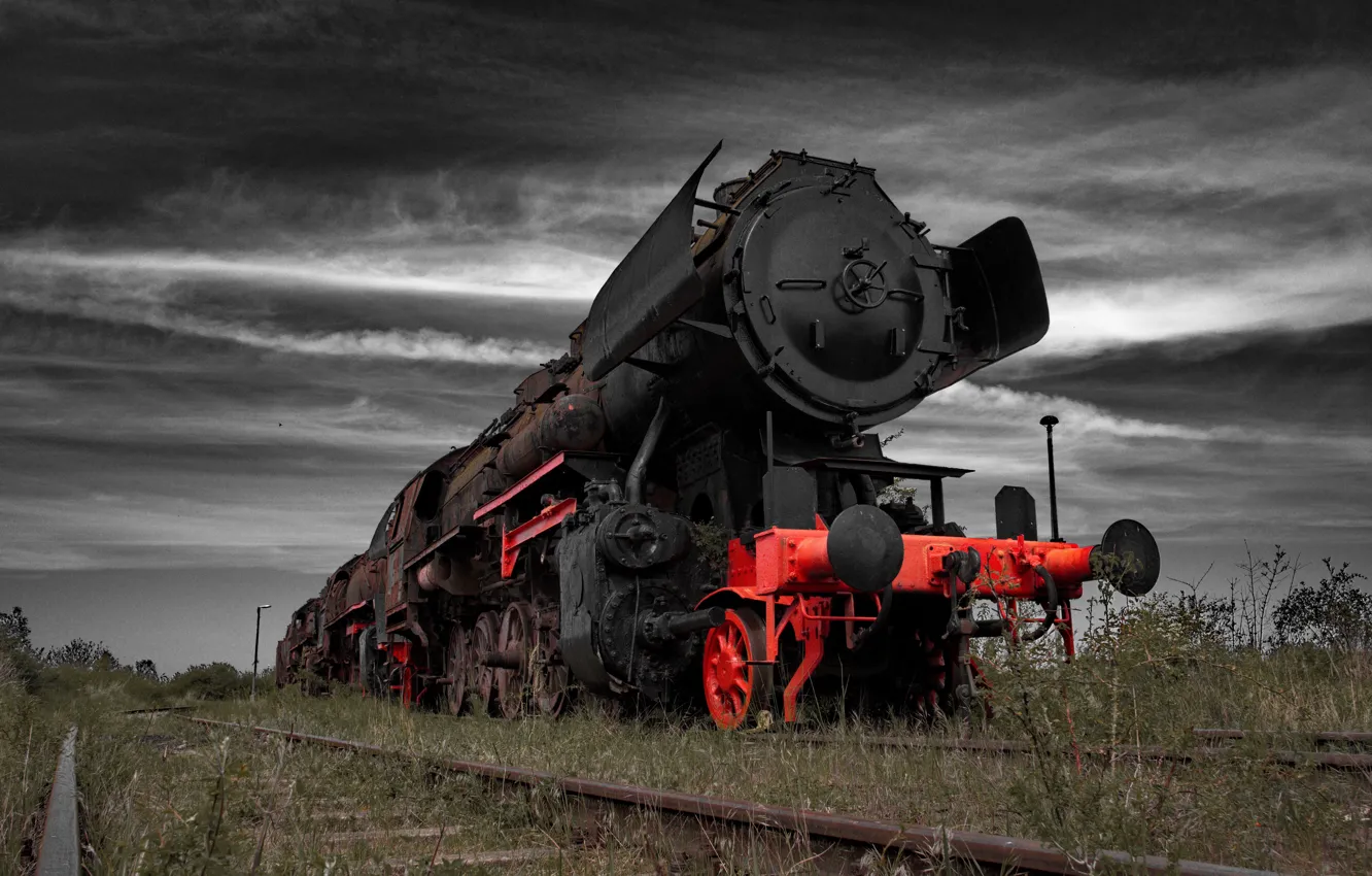 Photo wallpaper grass, rails, train, the engine