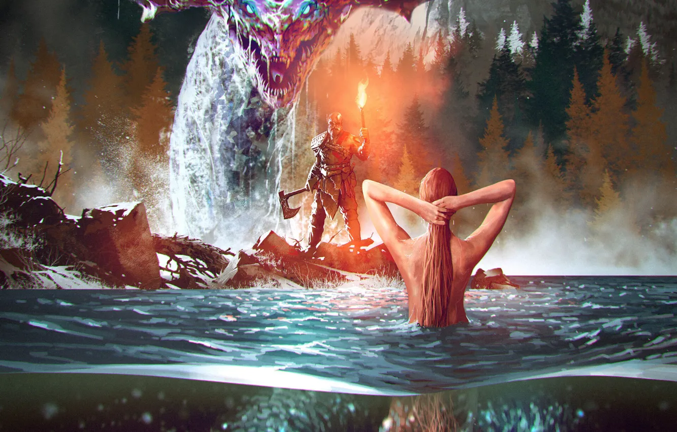 Photo wallpaper fiction, figure, mermaid, snake, monster, warrior, art, fantasy