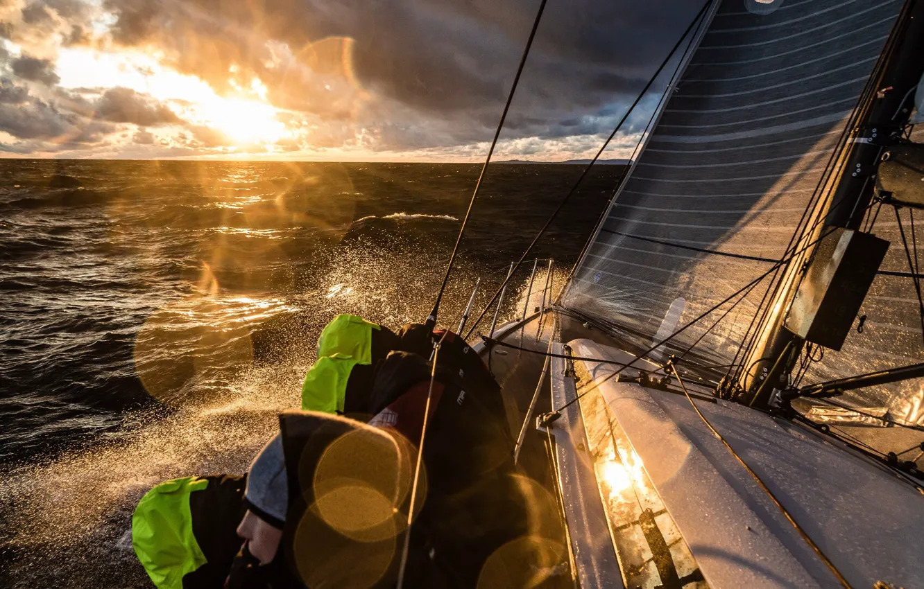 Photo wallpaper sea, wave, the sun, squirt, clouds, the way, movement, yacht