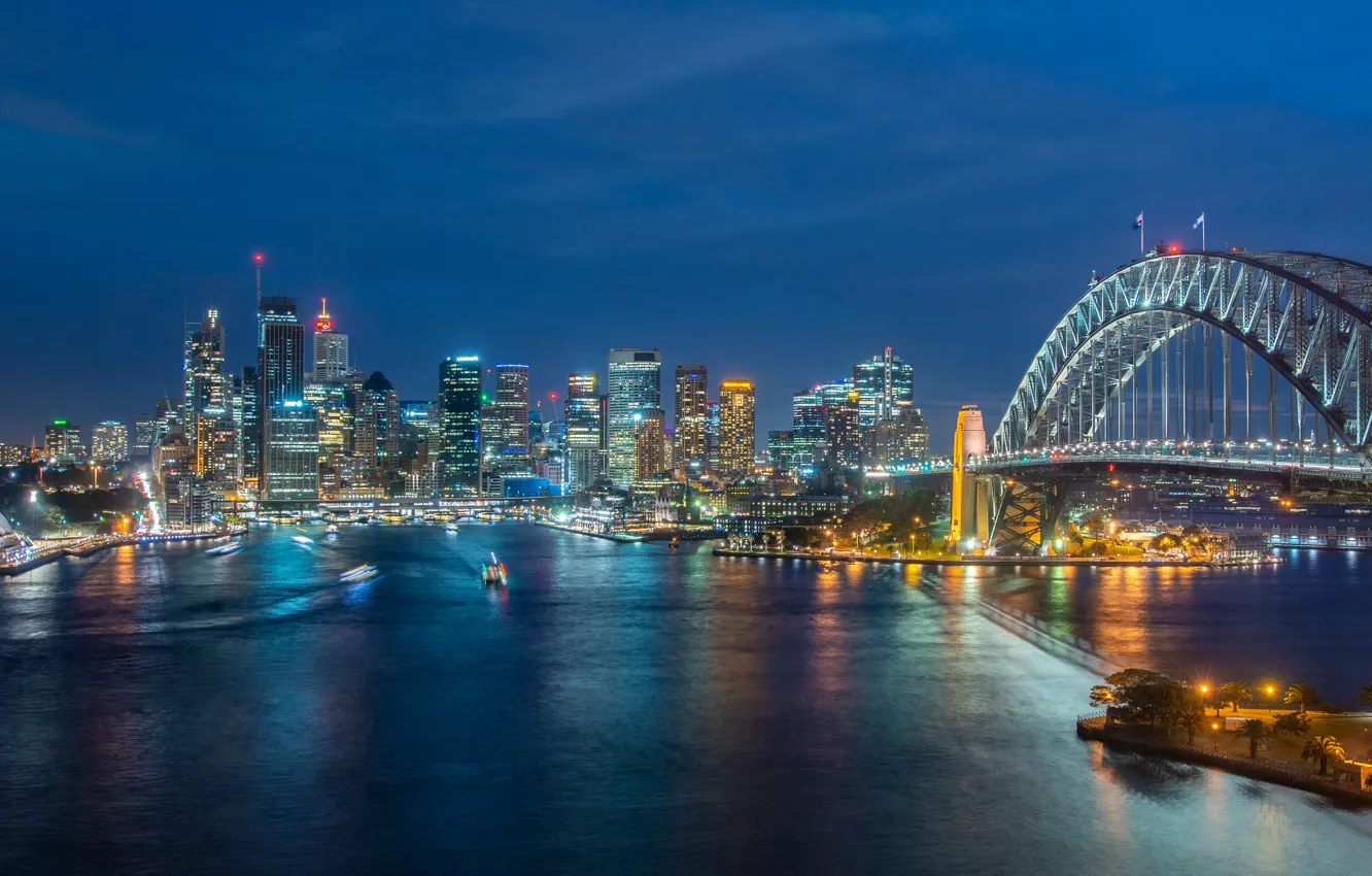 Photo wallpaper bridge, building, home, Australia, panorama, Bay, Sydney, night city