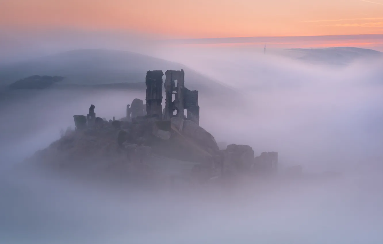 Photo wallpaper the sky, mountains, fog, castle, dawn, hills, morning, haze