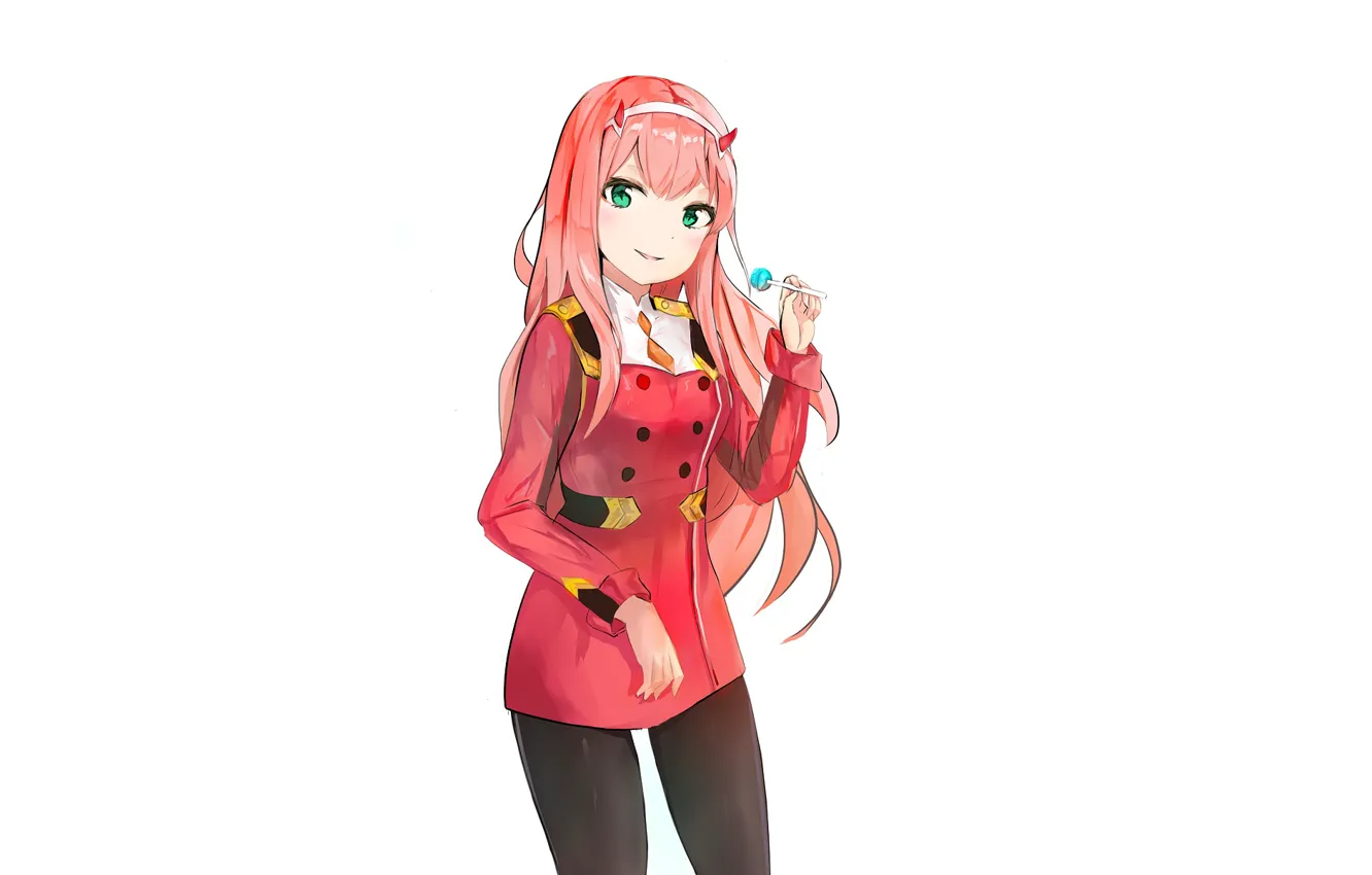 Photo wallpaper girl, candy, white background, Darling In The Frankxx, Cute in France, Zero Two