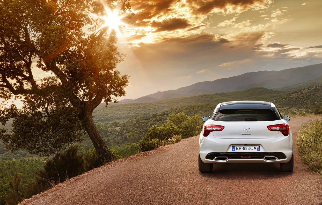 Photo wallpaper auto, white, the sky, the sun, clouds, trees, Citroen, Citroen