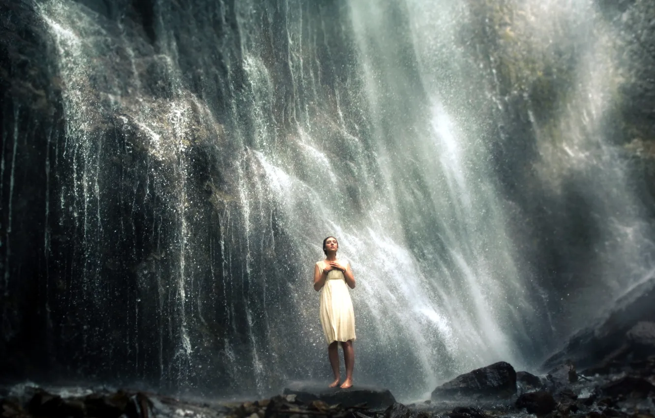Photo wallpaper girl, river, waterfall