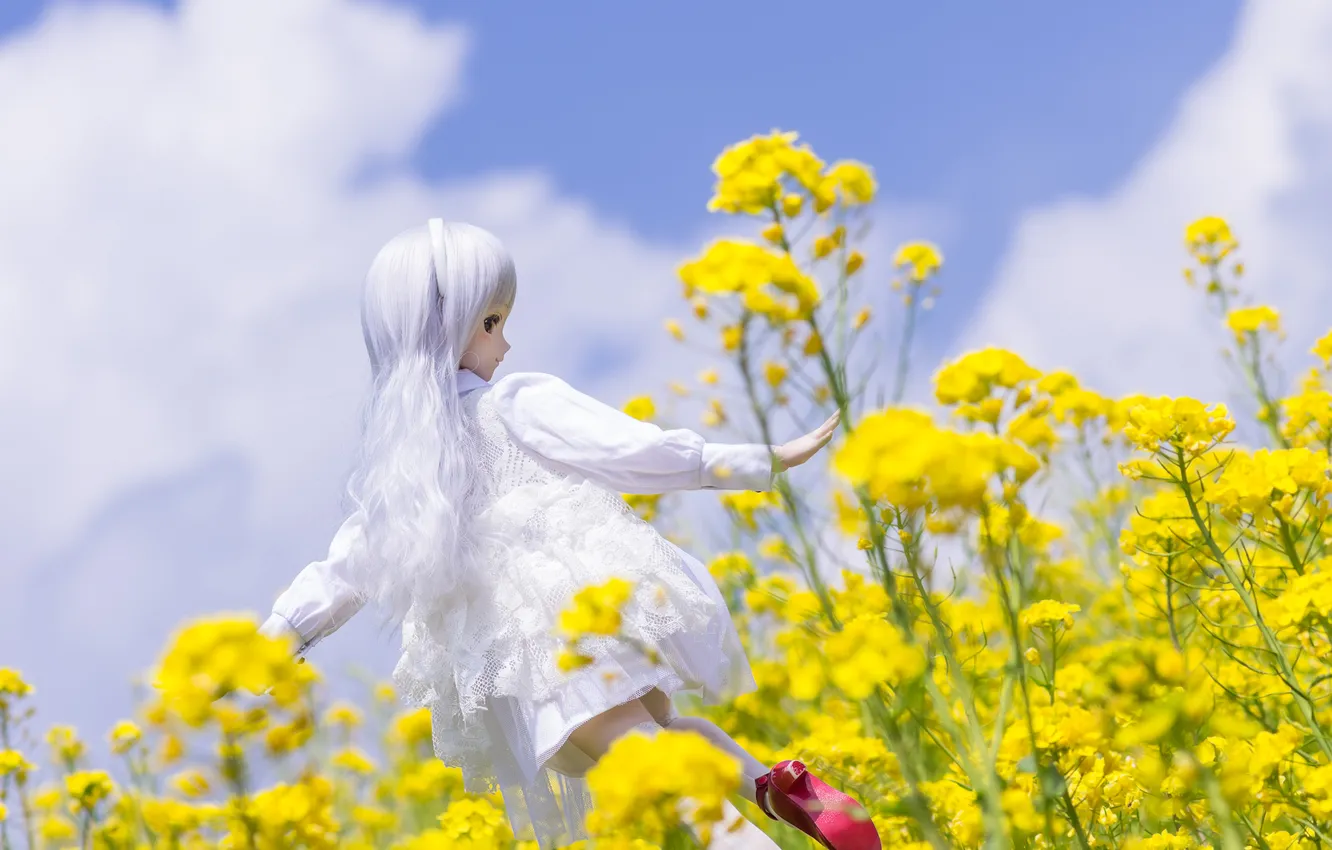 Photo wallpaper the sky, flowers, toy, doll, blonde