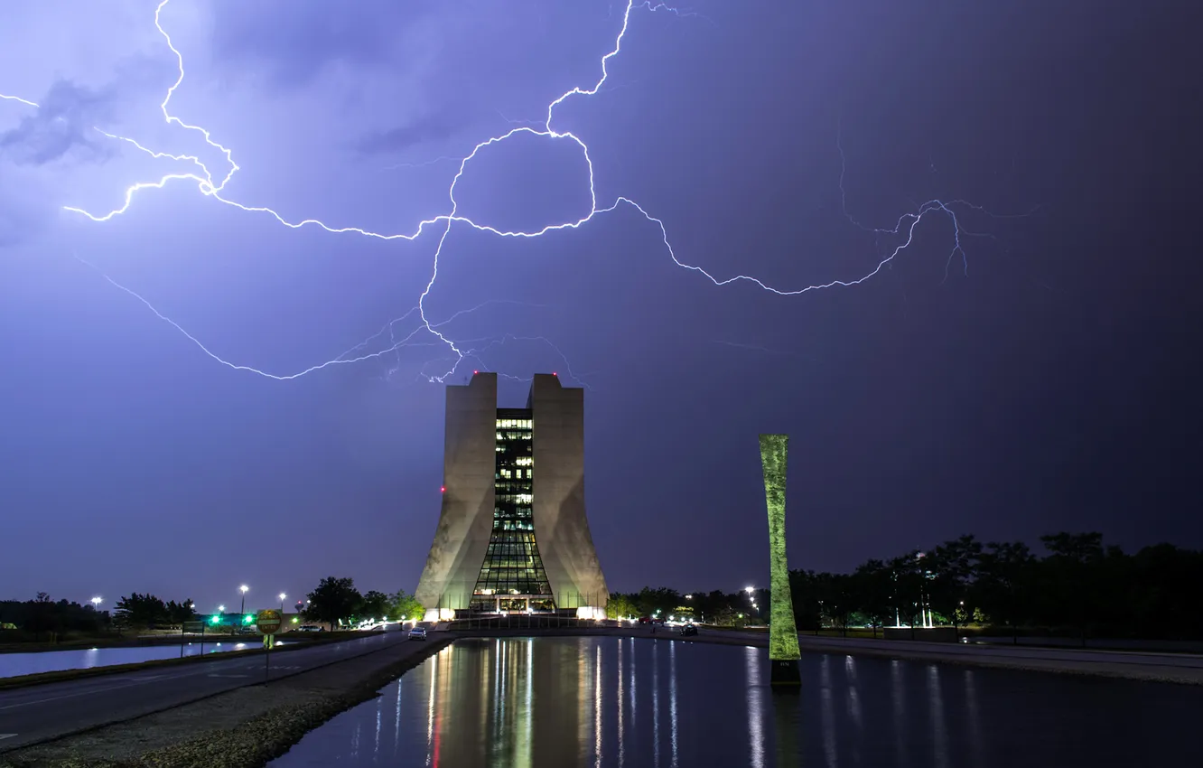 Photo wallpaper the sky, night, lights, Park, lightning, building