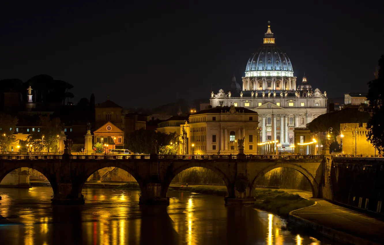Photo wallpaper night, bridge, lights, river, Rome, Italy, The Vatican, St. Peter's Cathedral
